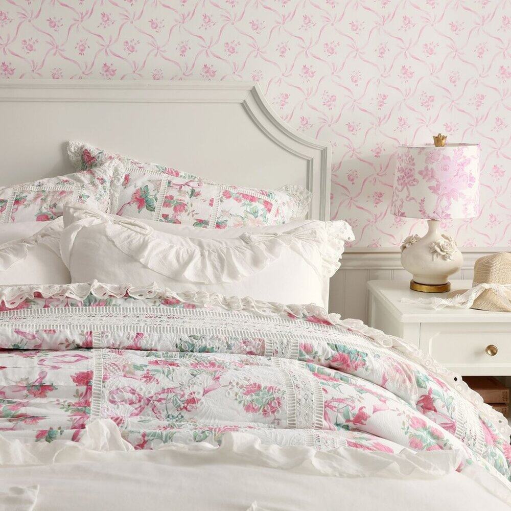 LoveShackFancy Cabbage Rose Quilt Bedding Floral Lace Lace Detail Full Queen NEW